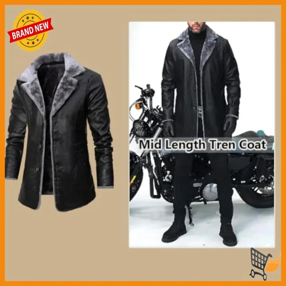 Men's Faux Leather Trench Coat with Fur Lapel Collar, Slim Fit, Winter